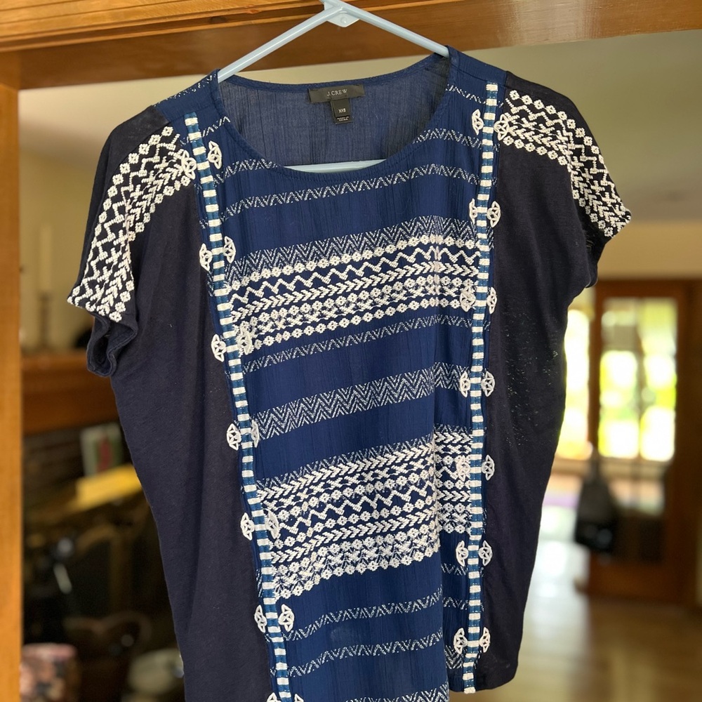 J. Crew Blue and White Graphic Short Sleeve Blouse